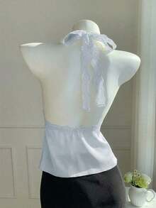 Top halter sin espalda con parches de lunares y encaje para mujer - Azul - Ver 2