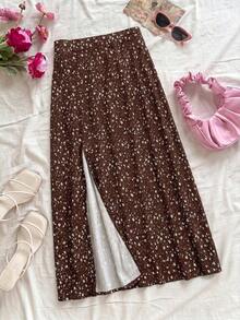 Falda casual con abertura de estilo floral diminuto para vacaciones de mujer - Café integral - Ver 7