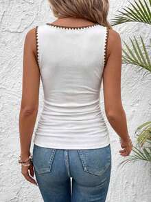 Camiseta de tirantes de cuello cuadrado a rayas minimalista y versátil para mujer, adecuada para uso diario y viajes al aire libre - Blanco - Ver 3