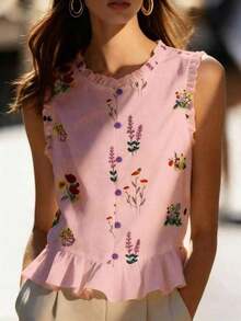 Nueva llegada de primavera/verano Blusa sin mangas con volantes de estampado floral francés dulce y único, elegante top de tirantes - Rosa - Ver 5