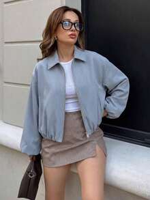 Chaqueta con bolsillo con cremallera de lunares rosas para mujer - Abrigo casual suelto con solapa para primavera/otoño - Celeste - Ver 12