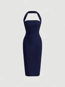 Vestido ajustado con cuello de halter fruncido y espalda descubierta - Azul marino - Ver 5
