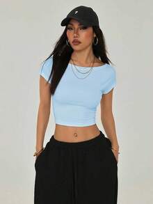 Camiseta negra con espalda abierta, adecuada para talla pequeña, para verano - Azul - Ver 4
