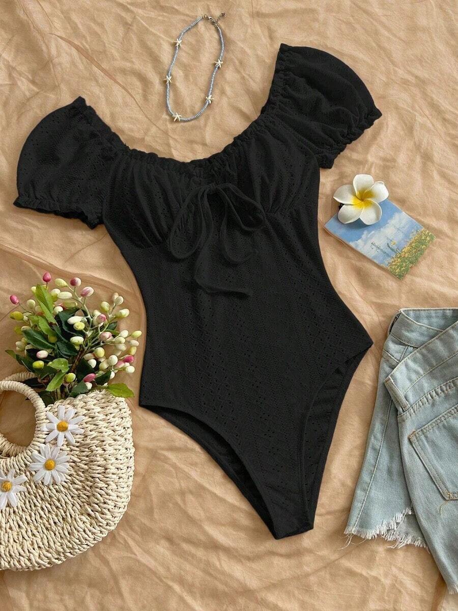 Body con estampado floral de hombros descubiertos ribete fruncido con nudo delantero pecho con fruncido - Negro - Ver 1
