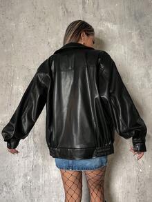 Chaqueta negra de PU con cierre de cremallera y hombros caídos  ICON para otoño/invierno - Negro - Ver 2