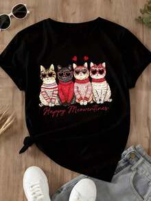 1 Piece Christmas Sweater For Cats "Happy Meowventines" Festive T-Shirt For Women With Adorable Kitten Design Valentine's Day Gift 180g 100% Cotton - 黑色 - 查看 4