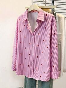 Blusa de mujer con cuello polo, estampado de corazones y rayas - Camisa casual de manga larga con botones, adecuada para uso diario en primavera, verano y otoño - Fresa rosa - Ver 2