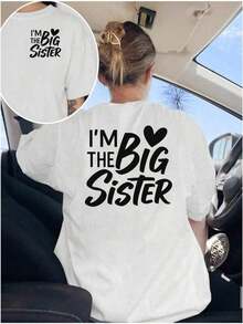 Women's Casual T-Shirt With "I'm A Big Sister" Print - Loose Fit, Short Sleeves, Crew Neck, Machine Washable, White With Black Text Design, Durable Fabric For Weekend Wear, Soft Material, Classic Style With Print - 白色的 - 查看 2