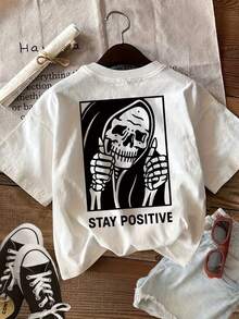 Top casual de verano para mujer con estampado de doble cara que presenta un estilo oscuro, calavera y el texto 'STAY POSITIVE' en una camiseta pura de manga corta con cuello redondo - Blanco - Ver 2