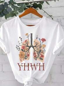 1 pieza Camiseta Casual de Talla Grande para Mujer con Estampado Floral y de Letras, Cuello Redondo, Verano, 180g, 100% Algodón - Blanco - Ver 1