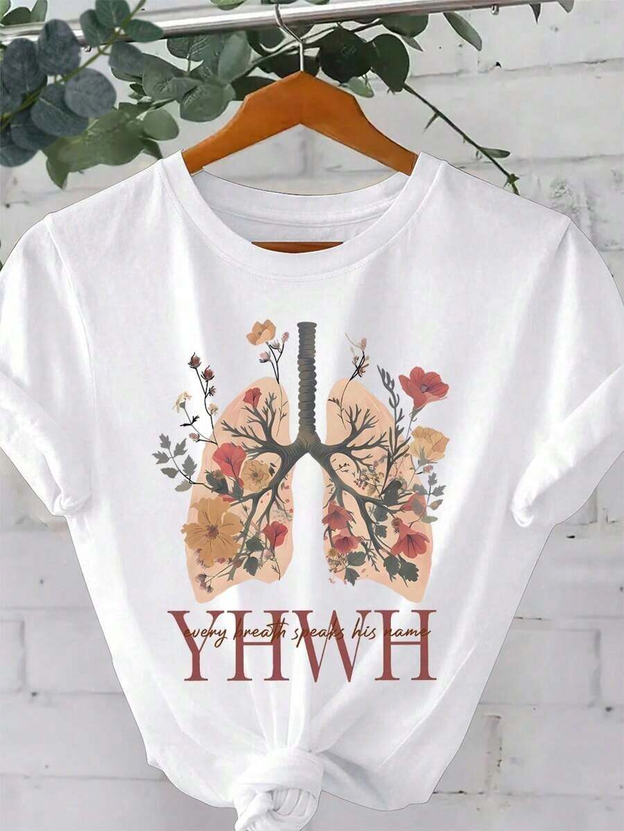 1 pieza Camiseta Casual de Talla Grande para Mujer con Estampado Floral y de Letras, Cuello Redondo, Verano, 180g, 100% Algodón - Blanco - Ver 1