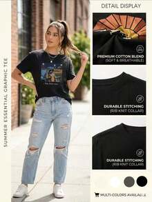 1 Piece Comfortable T-Shirt With "I Live Here Now" Raccoon Print - Soft Round Neck, Short Sleeve, Breathable Sports T-Shirt, Women's Activewear - Fun Graphic Design, Casual Outdoor Wear, Women's T-Shirts, Summer Tops, 180g, 100% Cotton. - 黑色 - 查看 4