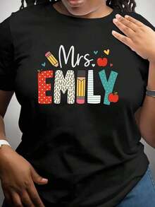 Fashionable Women's T-Shirt, Casual Short Sleeve Women's T-Shirt - Teacher's Day Gift, With Name Design, Colorful Icons And Medium Elasticity Fabric, Machine Washable Educator's T-Shirt, Teacher's Outfit, School Themed Design, Stretch Fabric Top. - 黑色 - 查看 7