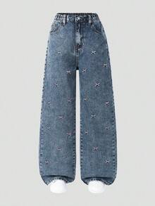 Jeans de pierna ancha para adolescentes, nuevos pantalones rectos con diseño bordado de moño, pantalones vaqueros holgados, pantalones vaqueros holgados para mujer, pantalones vaqueros holgados para niñas, pantalones vaqueros holgados para - Azul 4 - Ver 4