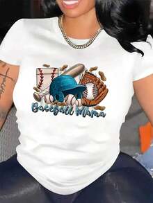 100% cotton Camiseta de la serie de béisbol femenino - Camiseta casual de cuello de tripulación corta con patrón geométrico, ajuste regular, tejido de , ligero estiramiento, suéteres para todas las estaciones - Blanco - Ver 1