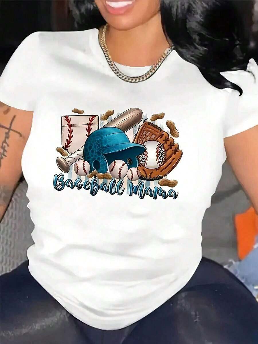 100% cotton Camiseta de la serie de béisbol femenino - Camiseta casual de cuello de tripulación corta con patrón geométrico, ajuste regular, tejido de , ligero estiramiento, suéteres para todas las estaciones - Blanco - Ver 1