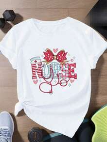 100% cotton Camiseta de Mujer Talla Grande con Diseño de Enfermera - Estilo Casual Deportivo, Manga Corta, Cuello Redondo, Poliéster - Negra, con Diseño de Estetoscopio y Corazón, Lavable a Máquina, Camiseta de Enfermera, Deportiva, Diseño de Corazón, Patrón Atractivo y Divertido, Camiseta Holgada y Atractiva Hecha de Tela Suave y Sedosa, Camiseta de Mujer - Blanco - Ver 6