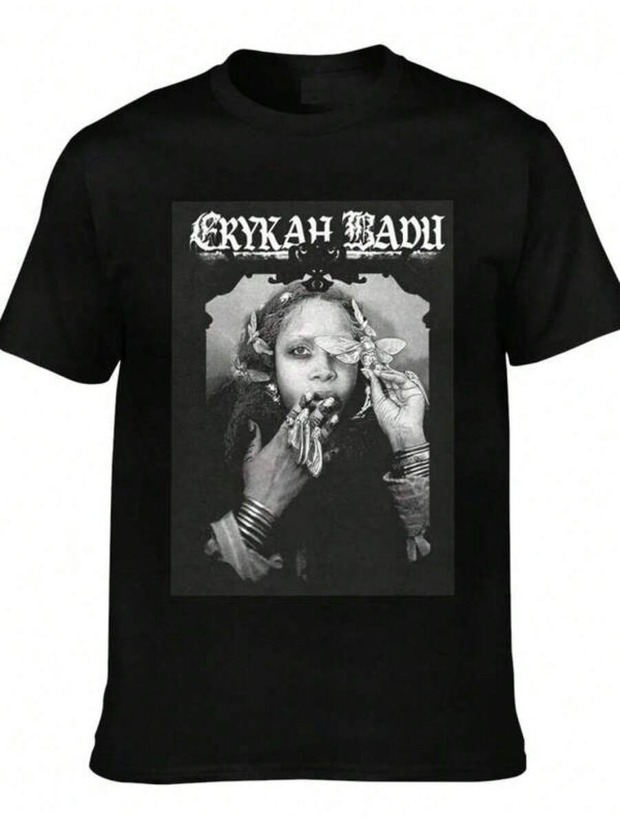 Erykah Badu Neo Soul Vintage Portrait T-Shirt For Men And Women, Casual Short Sleeve Graphic Tee For R&B Music Fans - 黑色 - 查看 1