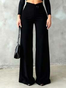 Pantalones rectos de cintura alta de unicolor, elegantes y casuales, adecuados para salidas diarias, ir a la oficina, estar en casa, citas, pequeñas fiestas, eventos sociales ligeros en primavera, color negro - Negro - Ver 6