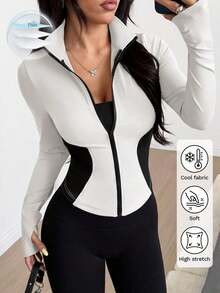 Chaqueta de manga larga de punto ajustada con protección solar para mujer en otoño/invierno, color albaricoque - Blanco y Negro - Ver 8