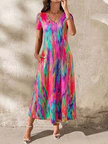 Vestido unicolor con bolsillo oculto escote V - Multicolor 3 - Ver 6