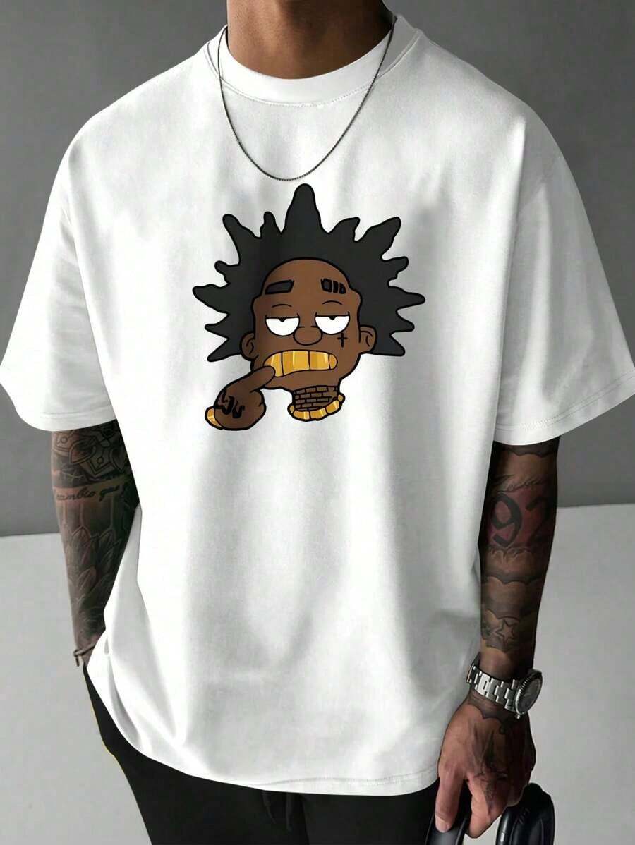 NewSummerCasual Men's Loose Fit Short Sleeve Crew Neck T-Shirt With Gold Tooth Print, Ideal For Summer - Vintage Street Style Unisex Loose Cotton Short Sleeve Crew Neck T-Shirt - 白色的 - 查看 1