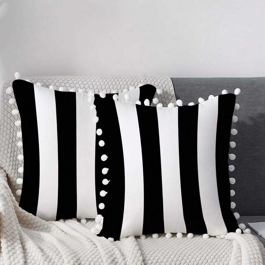 1pc Modern Black & White Striped Tassel Decor 100% Polyester Fiber Pillow Cover, Machine Washable, Zipper Design Easy To Clean, Suitable For Summer Outdoor Garden Cushion, Home And Patio Furniture, No Core Woven, Tent Accessory - Black and White - View 1