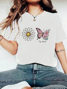 Women's Casual Top. Basic Short-Sleeved T-Shirt For Women, Featuring Large Brown Daisies And Pink Butterflies - A Lightweight And Breathable Summer T-Shirt With A Simple Pattern Design, Perfect For Everyday Wear. A Must-Have For Your Everyday Casual Wardrobe. - 白色 - 查看 7