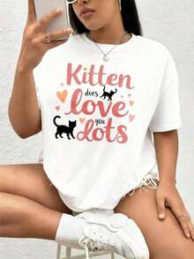 ComfortablePlayera algodón suave para mujerWomen's-Shirts Kitten Does Love You Lots%, BreathableEstampado de pequeños animales adorables |     Camiseta corta y holgada que adelgaza |     Alg - Blanco - Ver 8