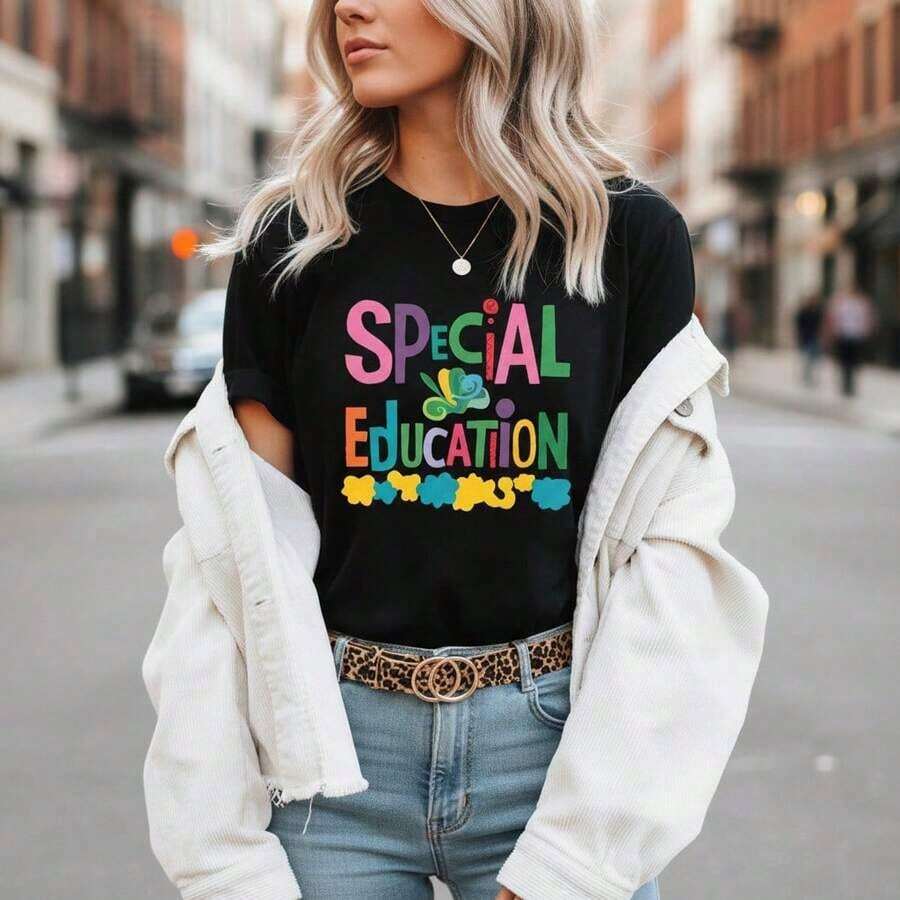Camiseta de Algodón con Estampado Educativo para Mujer, Manga Corta Casual, Cuello Redondo, Corte Holgado, Camiseta Básica para Maestras, Tallas S-5XL, Opciones de Color Blanco, Cómoda para Uso Diario, Regalo Perfecto para Educadores, Camiseta con Diseño Gráfico Lindo, Letras Coloridas y Diseño Floral, Adecuada para primavera, verano y otoño. - Negro - Ver 1