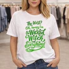 Camiseta de Algodón con Estampado de Bruja de Halloween para Mujer Talla Grande, Corte Holgado Casual de Manga Corta, "The West?" Oh, cariño, ¡soy la bruja malvada de todas! Top con Estampado, Tallas M-5XL, Suave y Cómodo para Uso Diario, Verde, Adecuado para primavera, verano y otoño - Blanco - Ver 7