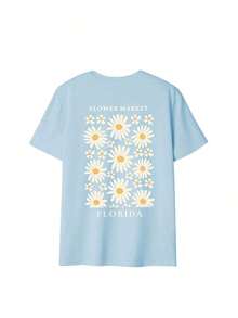 Women's Loose Fit T-Shirt With Sunflower And Letter Print, Short Sleeve And Round Neck, Casual And Modern, Ideal For Spring, Holidays And Outings - 淺藍色 - 查看 2