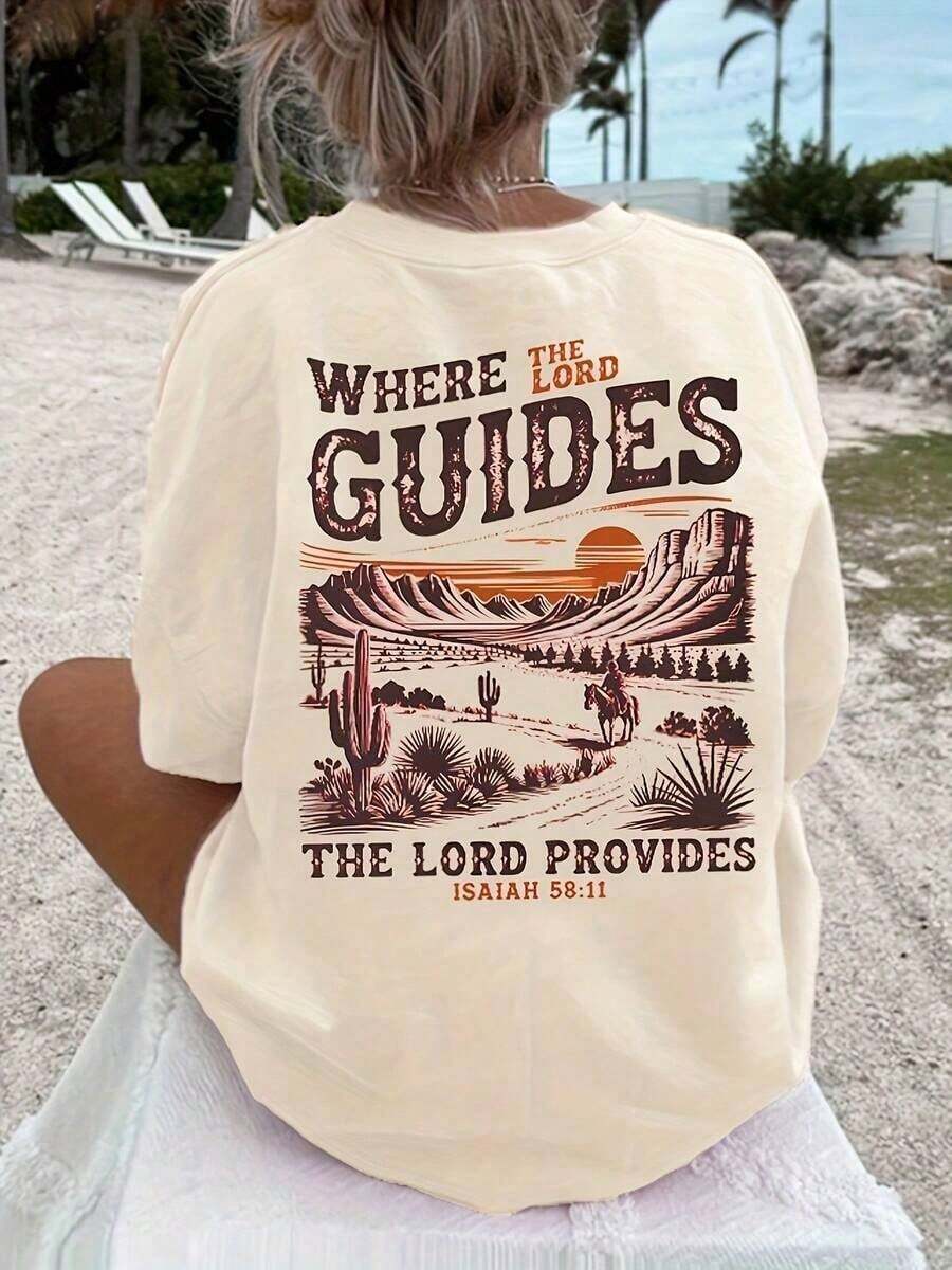 Women's Crew Neck T-Shirt, Comfortable, Colorful With Western Christian Print, Casual Short Sleeve Vacation Blouse, Women's Clothing - Women's Vacation Sets - 杏色 - 查看 1