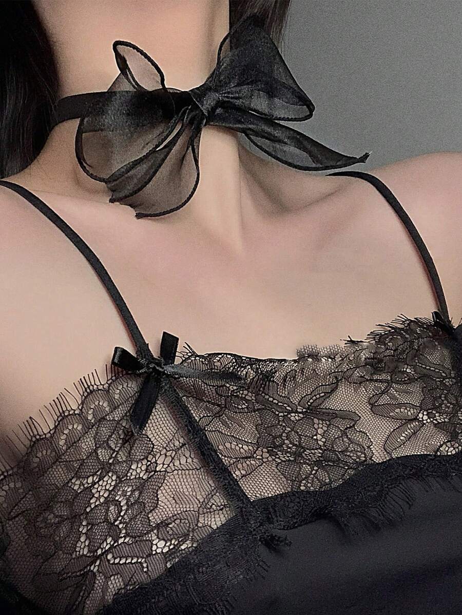 1件装女士复古时尚黑色网纱颈链，性感丝带大蝴蝶结吊坠项链 - 彩色 - 查看 1