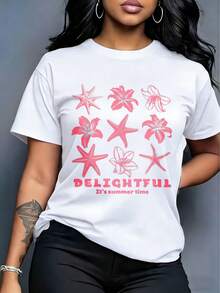 Camiseta de cuello redondo para mujer, estampado de estrellas de mar y lirios rosas degradadas, con texto "DELIGHTFUL It's summer time", top de verano fresco - Blanco - Ver 7