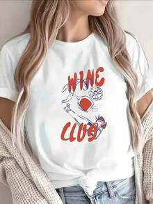 Camiseta de manga corta para mujer con diseño de club de vinos, ideal para cenas informales o uso en casa, ligera y resistente, perfecta para atuendos diarios. Adecuada para primavera, verano y otoño. - Blanco - Ver 7