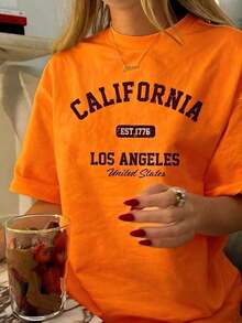 Women's Vintage Graphic T-Shirt With California Los Angeles Design - Casual Crew Neck, Short Sleeve, Cotton, Machine Washable, EST 1776 Print2025 - 橘色 - 查看 4