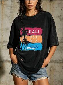 Camiseta de Verano para Mujer Estilo Playa de California 180g - Perfecta para vacaciones en familia, picnics de empresa y celebraciones del Día de la Independencia del 4 de julio - Ropa de playa de verano cómoda y elegante. BSIJ - Negro - Ver 6
