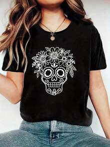 Women's Day Of The Dead T-Shirt, Black And White, Skull And Flower Print, Casual Summer Style, Relaxed Fit, Round Neck, Machine Washable, Festive Clothing, Artistic Design T-Shirt, Non-See-Through Fabric, Blouses For Women - 黑色 - 查看 1