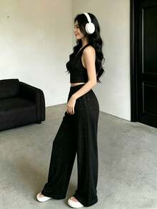 Conjunto de 2 piezas con top sin espalda de cuello de halter con lentejuelas y pantalones anchos sueltos, estilo diva sexy - Negro - Ver 2