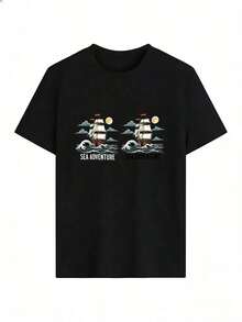 Short-Sleeve T-Shirt With Maritime Adventure Theme, Fashionable Short-Sleeve T-Shirt For Spring And Summer 2026, Made In Mexico, 180 Grams. Cartoon Print, Couple Design, Suitable For Indoor Or Outdoor Wear. Crew Neck, Unisex, Ideal For Office And Leisure. One-Piece Pack. - BK-P631577SLNDXZGY526 - 查看 2