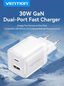 VENTION 30W GAN PD 多口 Type-C/USB-A 快速充电器,欧规插头墙充旅行套装,支持快速充电,高输出功率,兼容 17 Pro Max/17 Pro/17/Air/16/15、S25/S24/S23/S22/S21/S20 Ultra Plus 等系列 - 查看 2