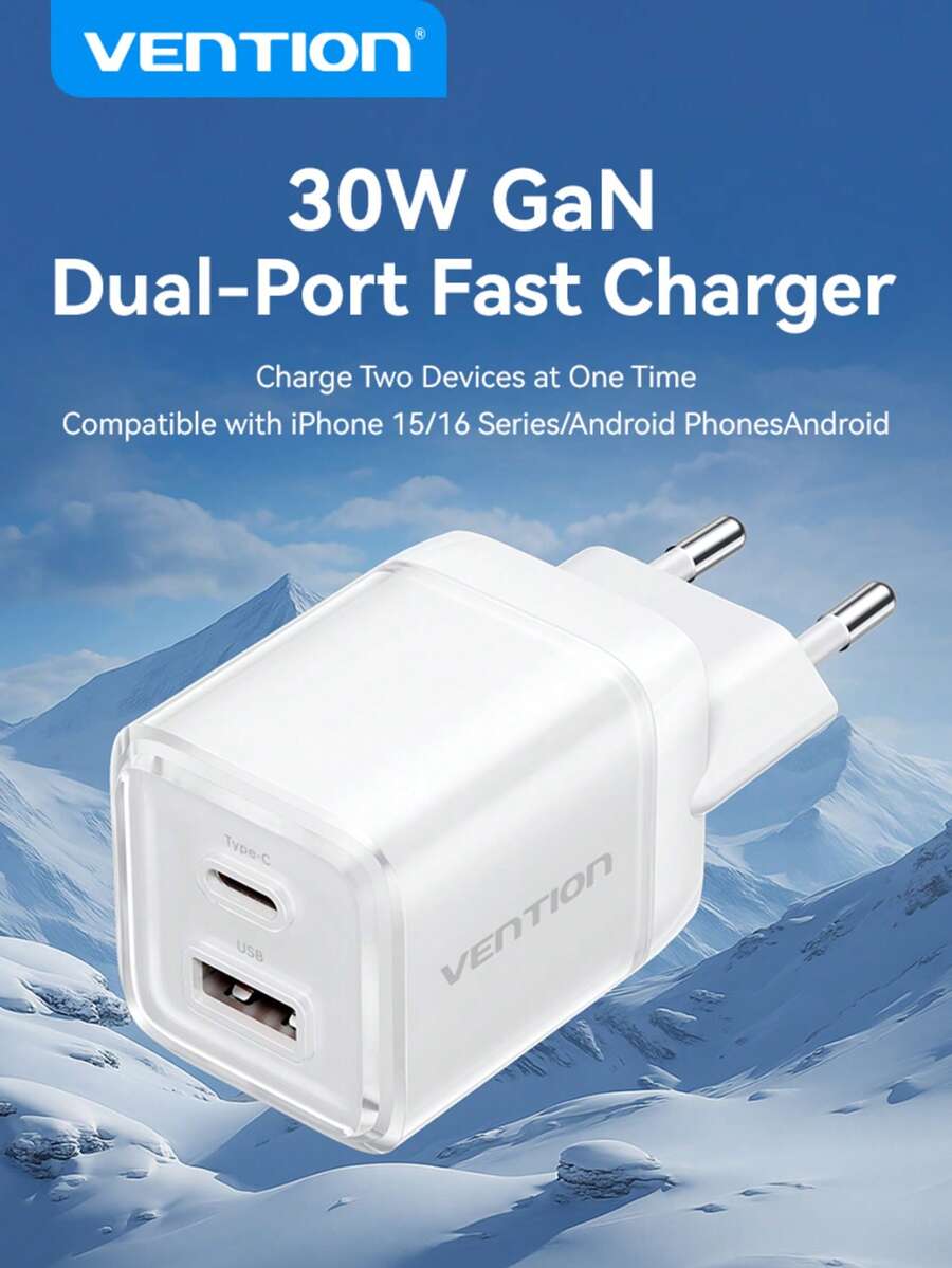 VENTION 30W GAN PD 多口 Type-C/USB-A 快速充电器，欧规插头墙充旅行套装，支持快速充电，高输出功率，兼容 17 Pro Max/17 Pro/17/Air/16/15、S25/S24/S23/S22/S21/S20 Ultra Plus 等系列