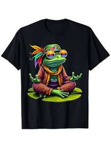 Black Short-Sleeved T-Shirt With Round Neck | Featuring A Design Of A Meditating Frog With Glasses And A Headdress, Perfect For Casual Daily Wear And Urban Style, Ideal For Outdoor Enthusiasts, Pure And Comfortable Fabric, Unisex Cut. - 黑色 - 查看 1