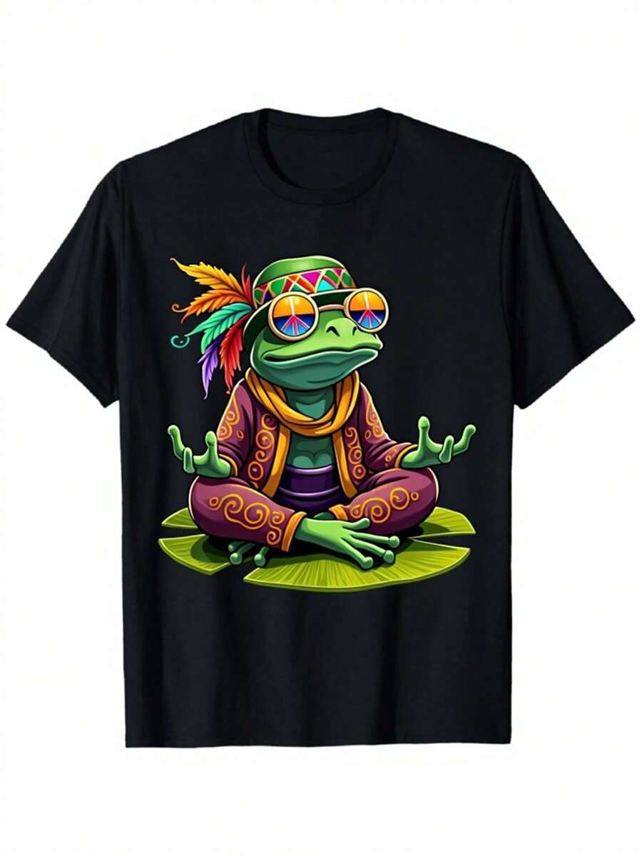 Black Short-Sleeved T-Shirt With Round Neck | Featuring A Design Of A Meditating Frog With Glasses And A Headdress, Perfect For Casual Daily Wear And Urban Style, Ideal For Outdoor Enthusiasts, Pure And Comfortable Fabric, Unisex Cut. - 黑色 - 查看 1