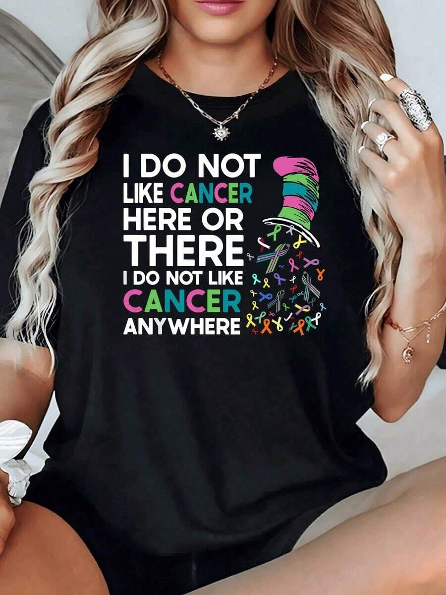 Comfortable Women's T-Shirt With Multicolored Solidarity Ribbon Print, Ideal For A Casual And Conscious Look. Soft And Comfortable. Loose Versatile Short Sleeve T-Shirt For Women - 黑色 - 查看 1