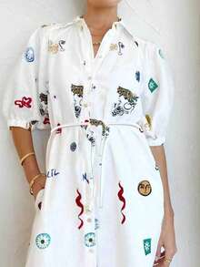 Shirt Dress With Print And Adjustable Belt, Spring 2026 - White - View 4
