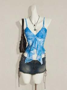 ICON Camisola Ajustada con Cuello en V y Volantes, Estampado Paisley Teal, Estilo Bohemio Retro Sexy Y2K para Mujer - Azul - Ver 7