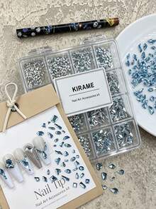 KIRAME 960顆淺藍色平底水鑽，高品質超亮美甲寶石套組，含1個點花工具，1-5mm亮面美甲水晶，適用DIY居家美甲、美甲沙龍、美甲用品、夏季與旅行美甲、節日禮物 - 淺藍色 - 查看 4