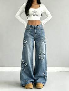 Loose-Fitting Blue Denim Jeans With Star Patch Design And Fringe For Teens, Casual And  Vintage Y2K Style Clothing For Back To School, College And Everyday Wear, As Well As Rave Outfits, Festivals And Streetwear For Teens In Winter And Autumn - 藍色 - 查看 4